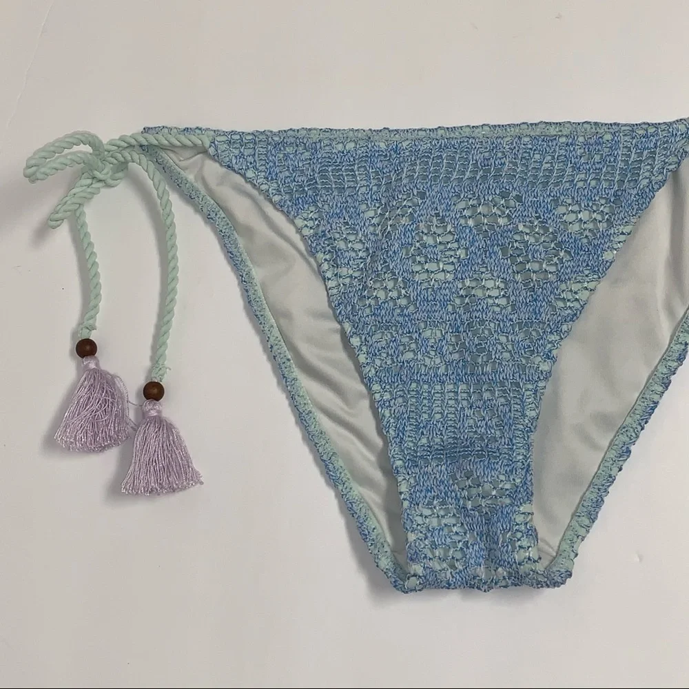 Victoria's Secret Size M Blue Crochet Lace Purple Tassels Bikini Swim Bottom